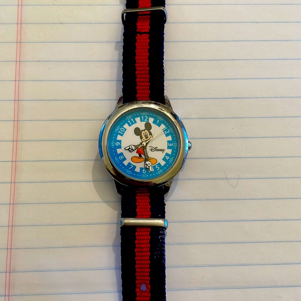 Disney Mickey Mouse Blue Dial Watch with Blue and Red Stripe Nylon Band